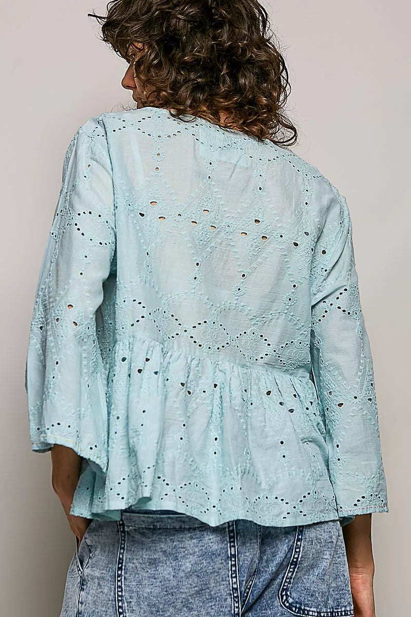 Aqua cotton eyelet peplum button-front shirt, back view with embroidered yoke
