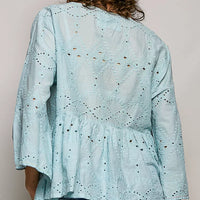 Aqua cotton eyelet peplum button-front shirt, back view with embroidered yoke