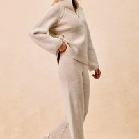 Taupe two-tone ribbed knit quarter-zip collared sweater top, side profile