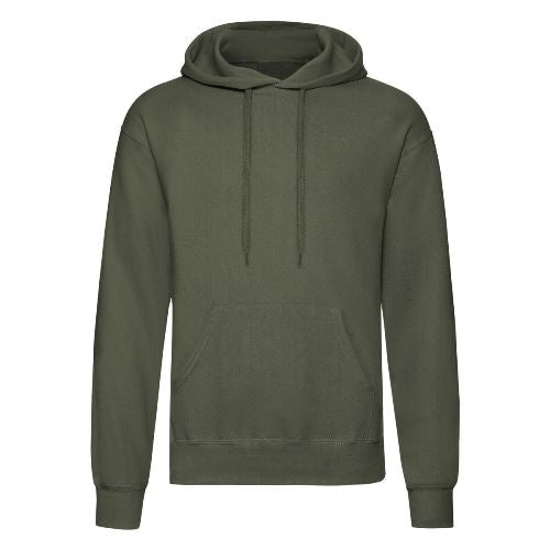 Olive green pullover hoodie with hood and drawstring, front pouch pocket