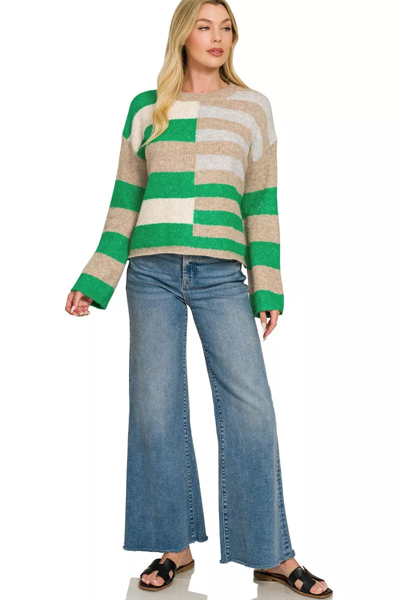 Lightweight wool blend sweater with green and tan color blocks, long sleeves