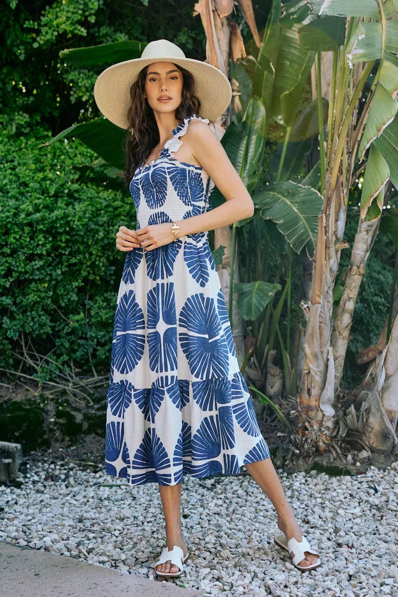 Navy and white abstract print tiered midi dress with smocked bodice, sleeveless