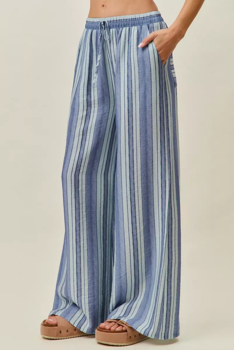 Blue and white striped wide-leg pants, elastic waist with front drawstring