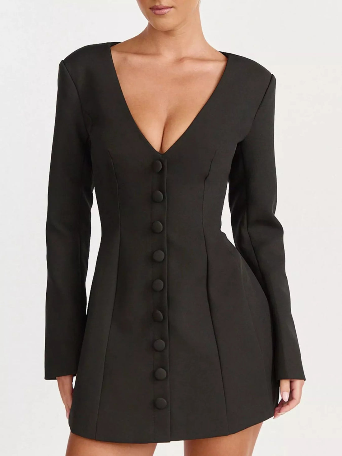 Black blazer dress with deep V-neck and long sleeves, vertical button detail