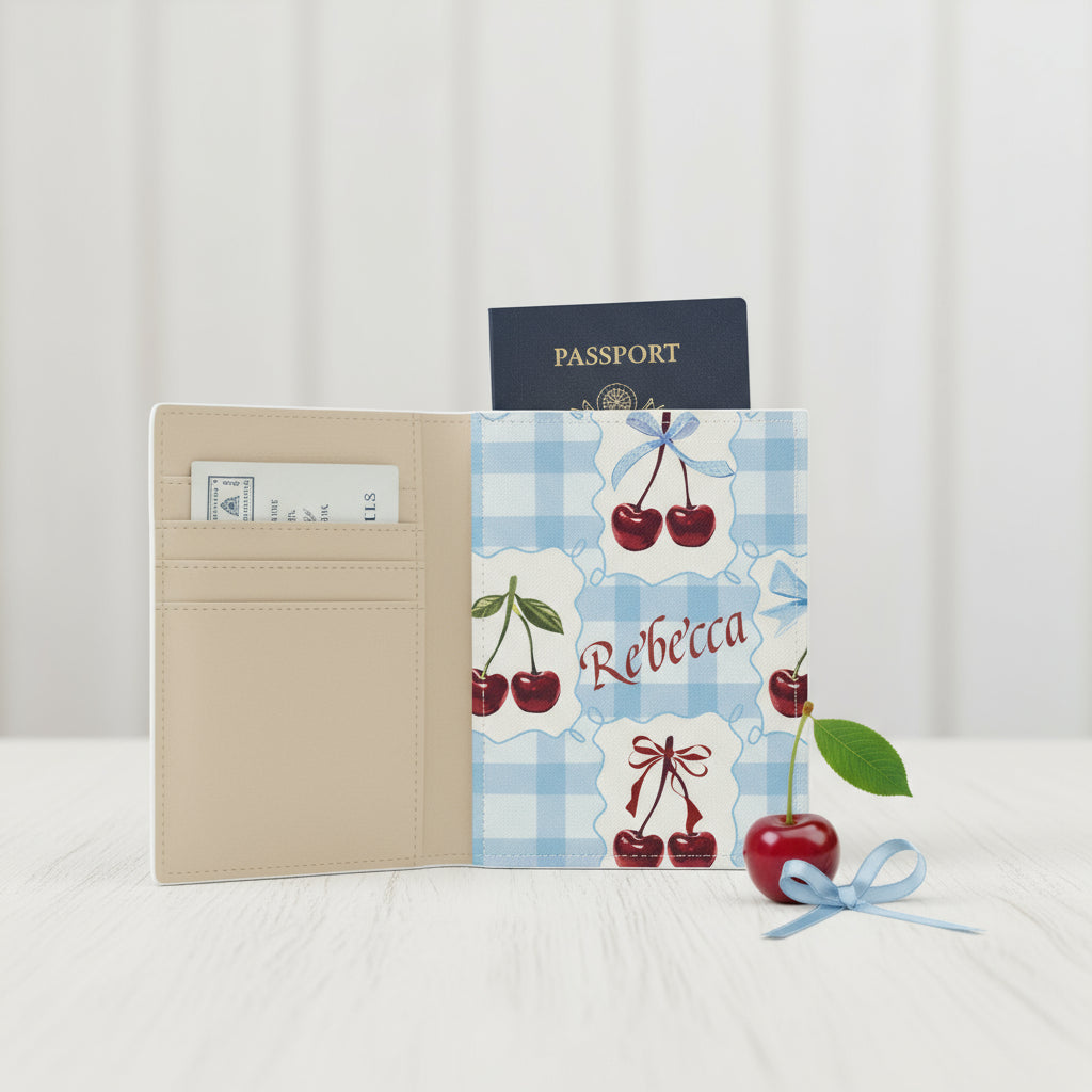 Passport Cover, Personalized Travel Wallet , Custom Blue Gingham Cherry Print, Fun Travel Holder Accessory