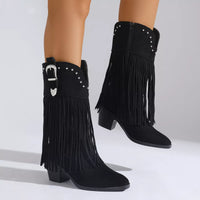 Black fringe round-toe block-heel boots with side zipper, studded strap, ankle buckle