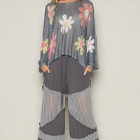 Floral print dropped-shoulder knit top with long sleeves, charcoal base