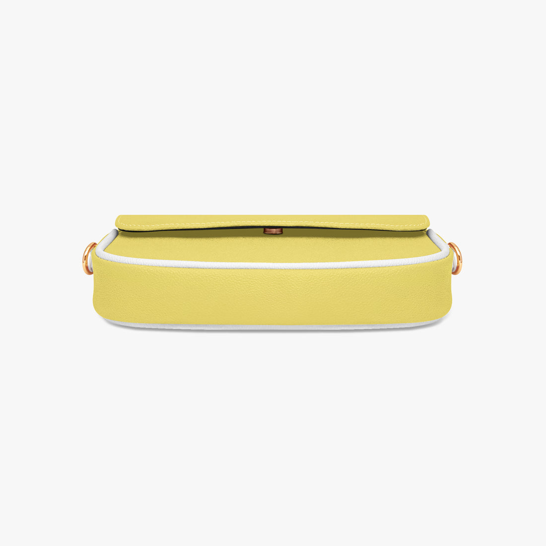 Yellow leather mini shoulder bag with front flap and thin gold chain strap.