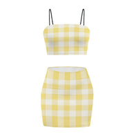 Lemon and White Gingham Co Ord Set - Women's Crop Tank Top & Mini Skirt Two-Piece Outfit