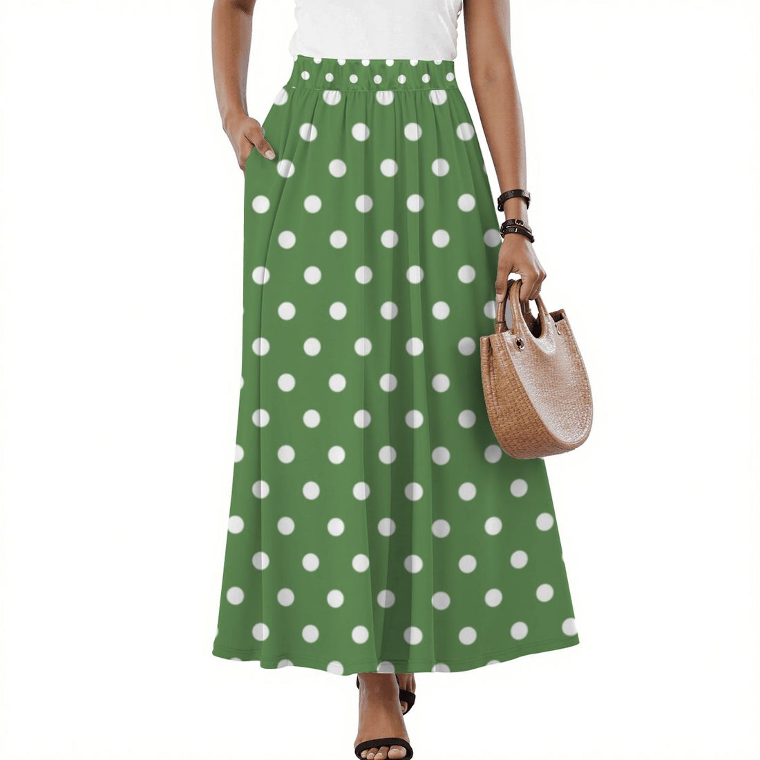 Green and White Polka Dot Skirt Midi High Waisted with Pockets