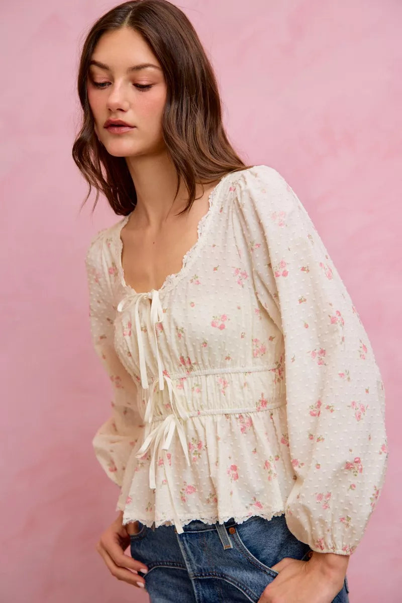 White floral clip-dot lace-trim ruched bodice blouse with gathered waist and long puff sleeves