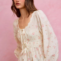 White floral clip-dot lace-trim ruched bodice blouse with gathered waist and long puff sleeves