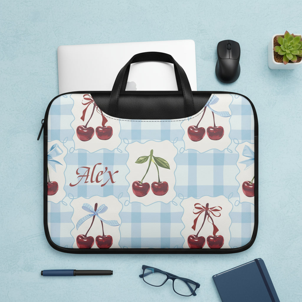Leather Laptop Bag, Personalized Womens  Blue Gingham Cherry  Sleeve 16"