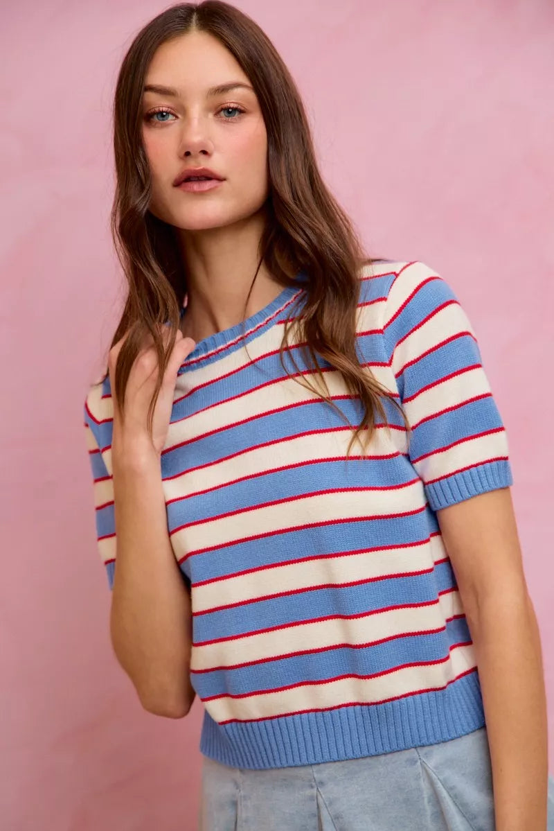 Blue, red, and white striped short-sleeve knit crew neck sweater top with ribbed hem