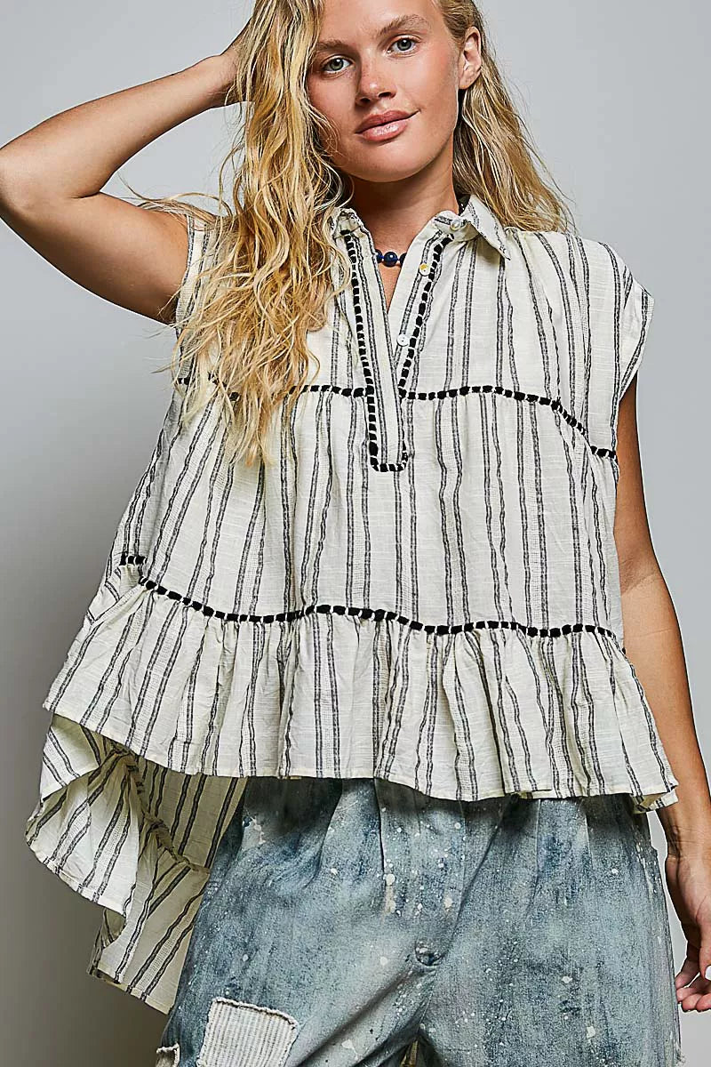 Grey multi-striped sleeveless cotton top with ruffle tier hem and buttoned collar