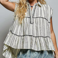 Grey multi-striped sleeveless cotton top with ruffle tier hem and buttoned collar