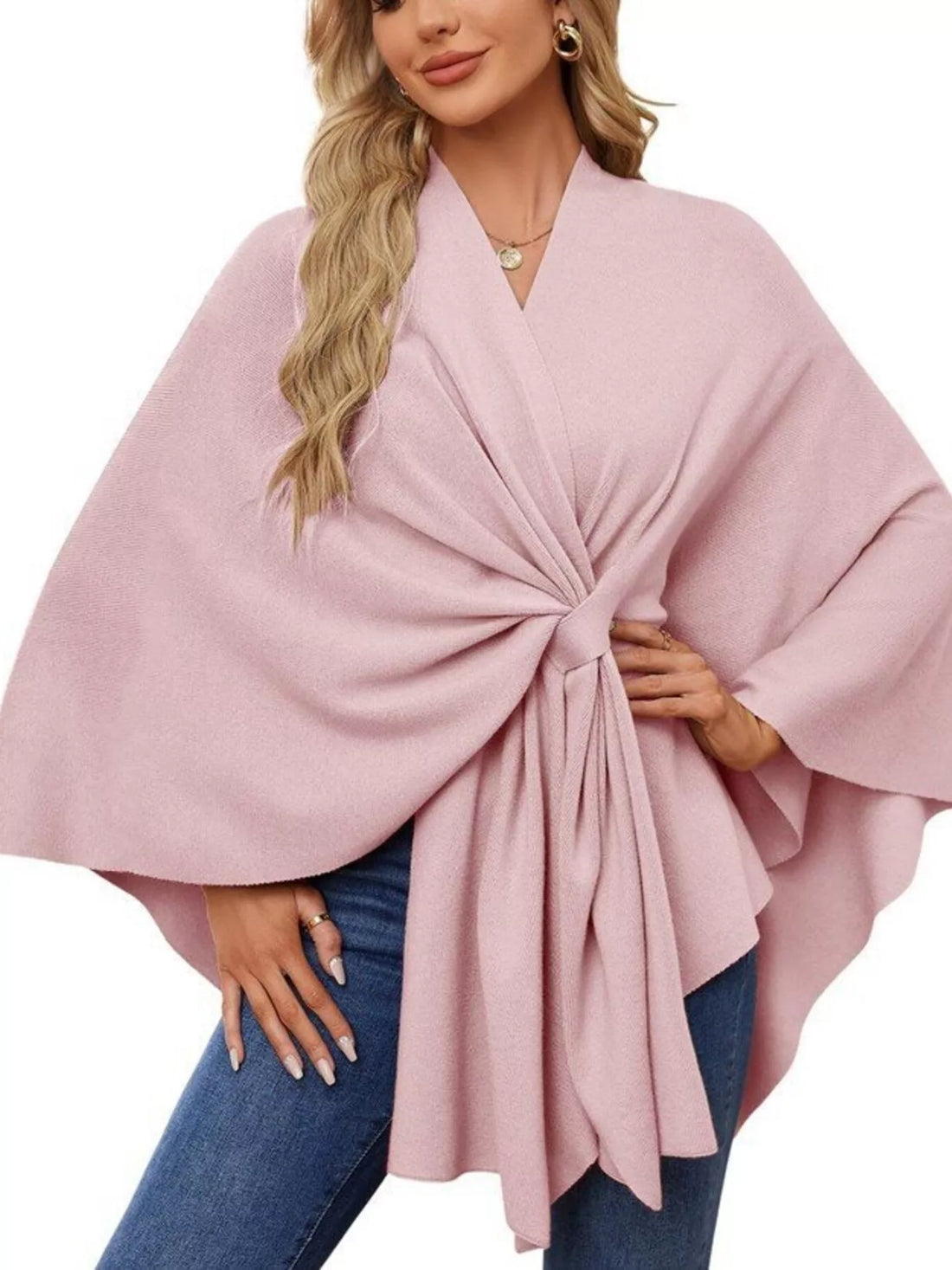 Blush pink women’s cape shawl with front tie knot and flowing poncho sleeves