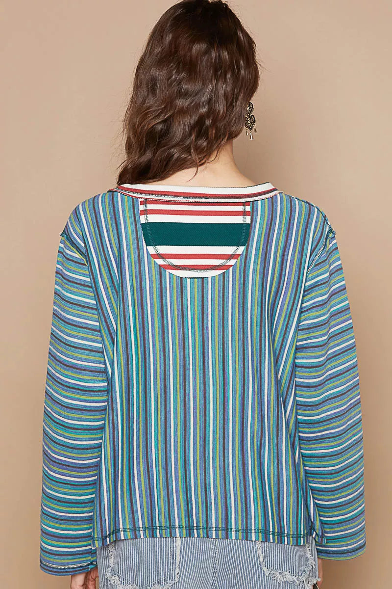 Back view: striped long-sleeve round neck t-shirt with blue and green vertical stripes