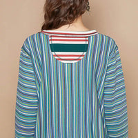 Back view: striped long-sleeve round neck t-shirt with blue and green vertical stripes