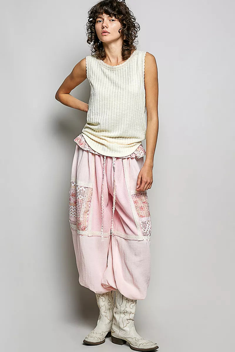 Beige ribbed sleeveless tank with lace-trim round neckline