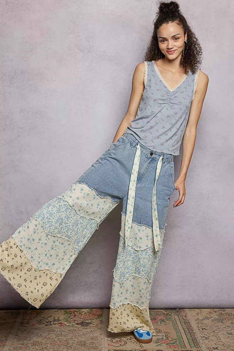 Powder blue ruched floral V-neck tank with lace-trim neckline, sleeveless