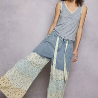 Powder blue ruched floral V-neck tank with lace-trim neckline, sleeveless