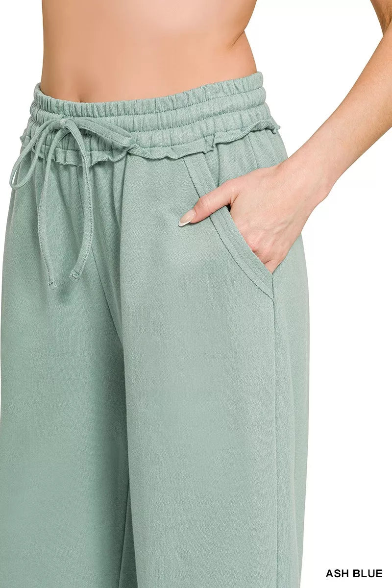 Ash blue wide-leg French terry sweatpants with side pocket and gathered waistband