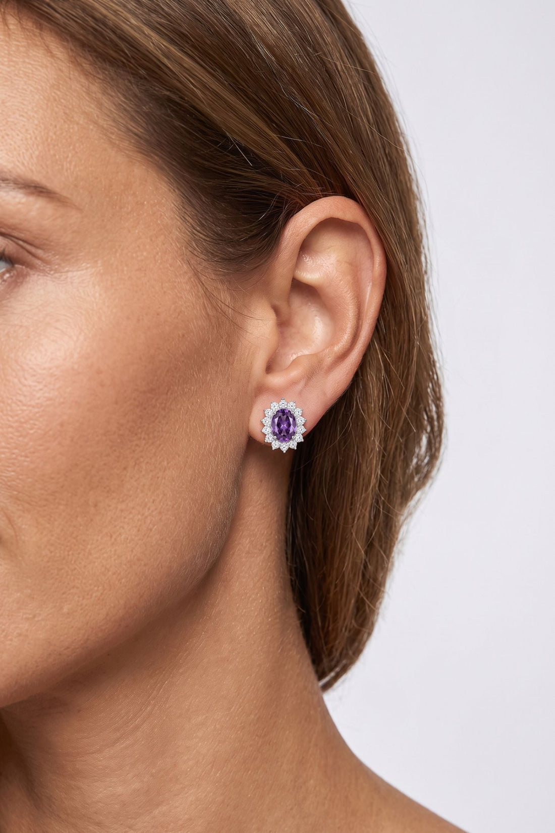 Catherine Gemstone Stud Earrings Amethyst Silver-1