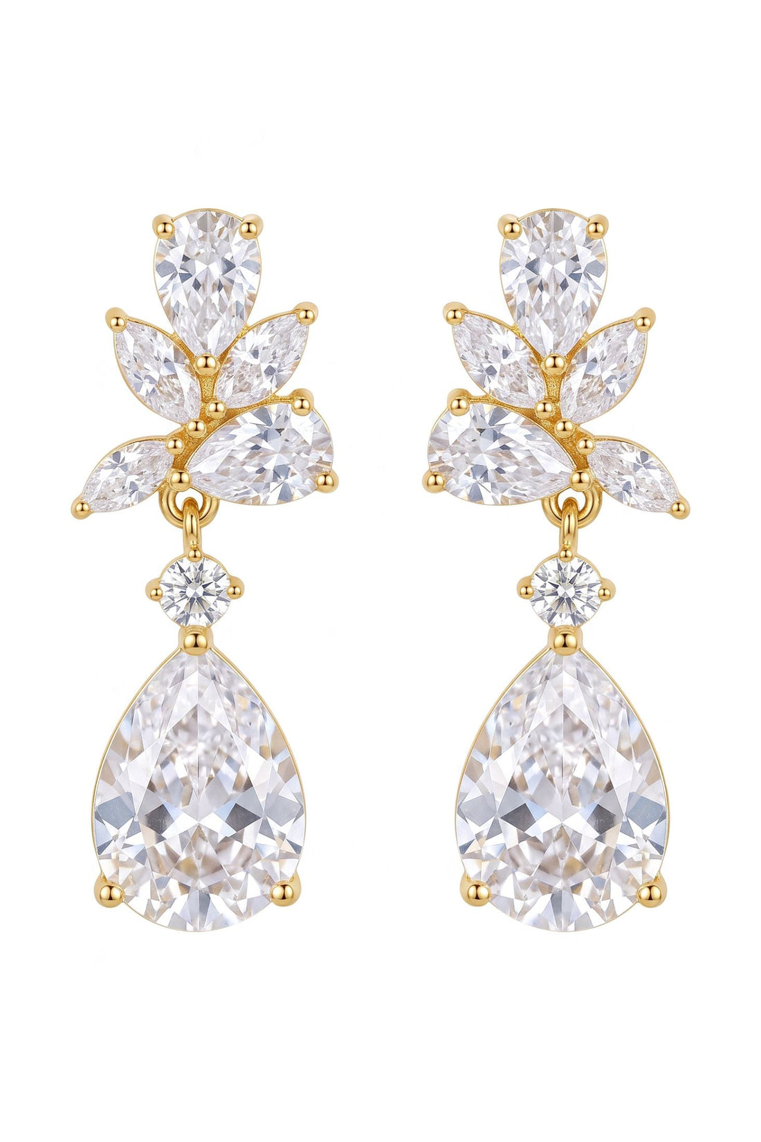 Gold-tone CZ drop earrings with teardrop stones and dangling charm