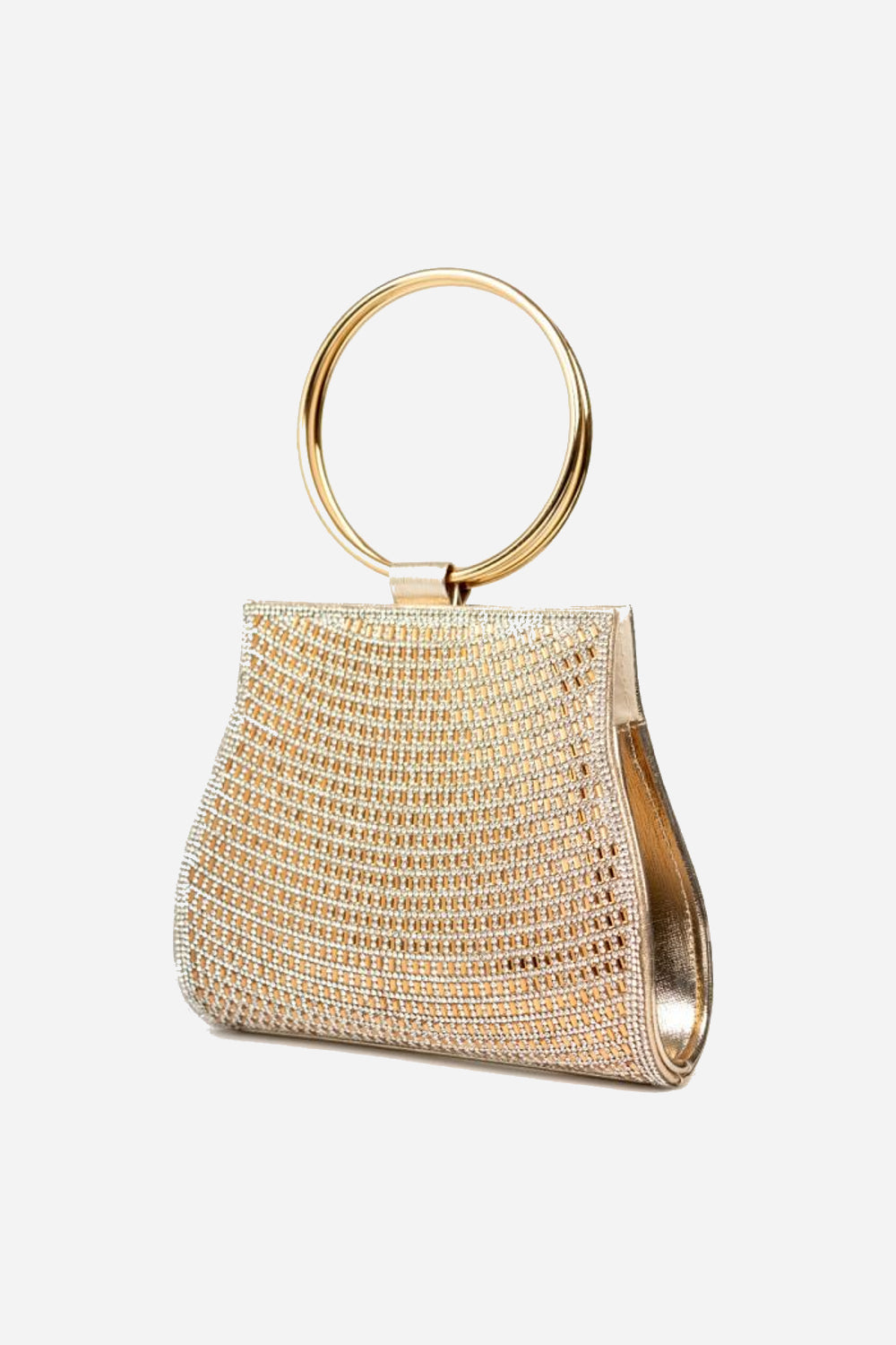 Gold beaded clutch bag with circular double ring top handle