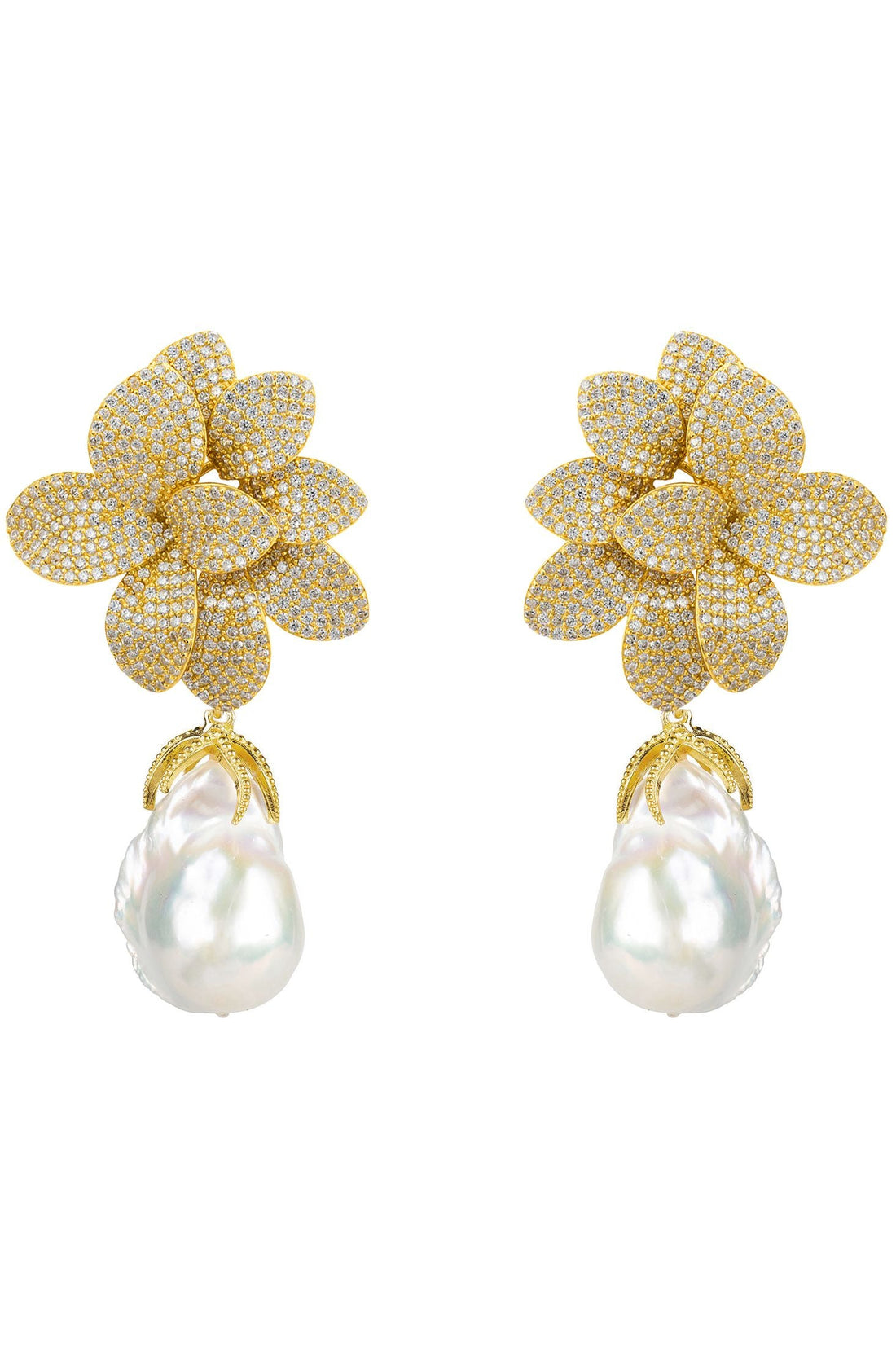 Amaryllis Flower Baroque Pearl Drop Earrings White Gold-0