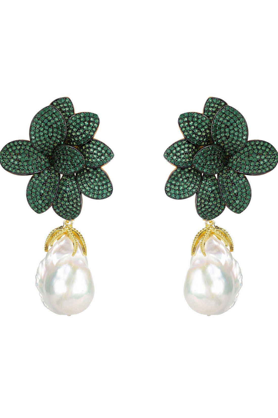 Green jeweled flower drop earrings with baroque pearl and gold-tone hooks