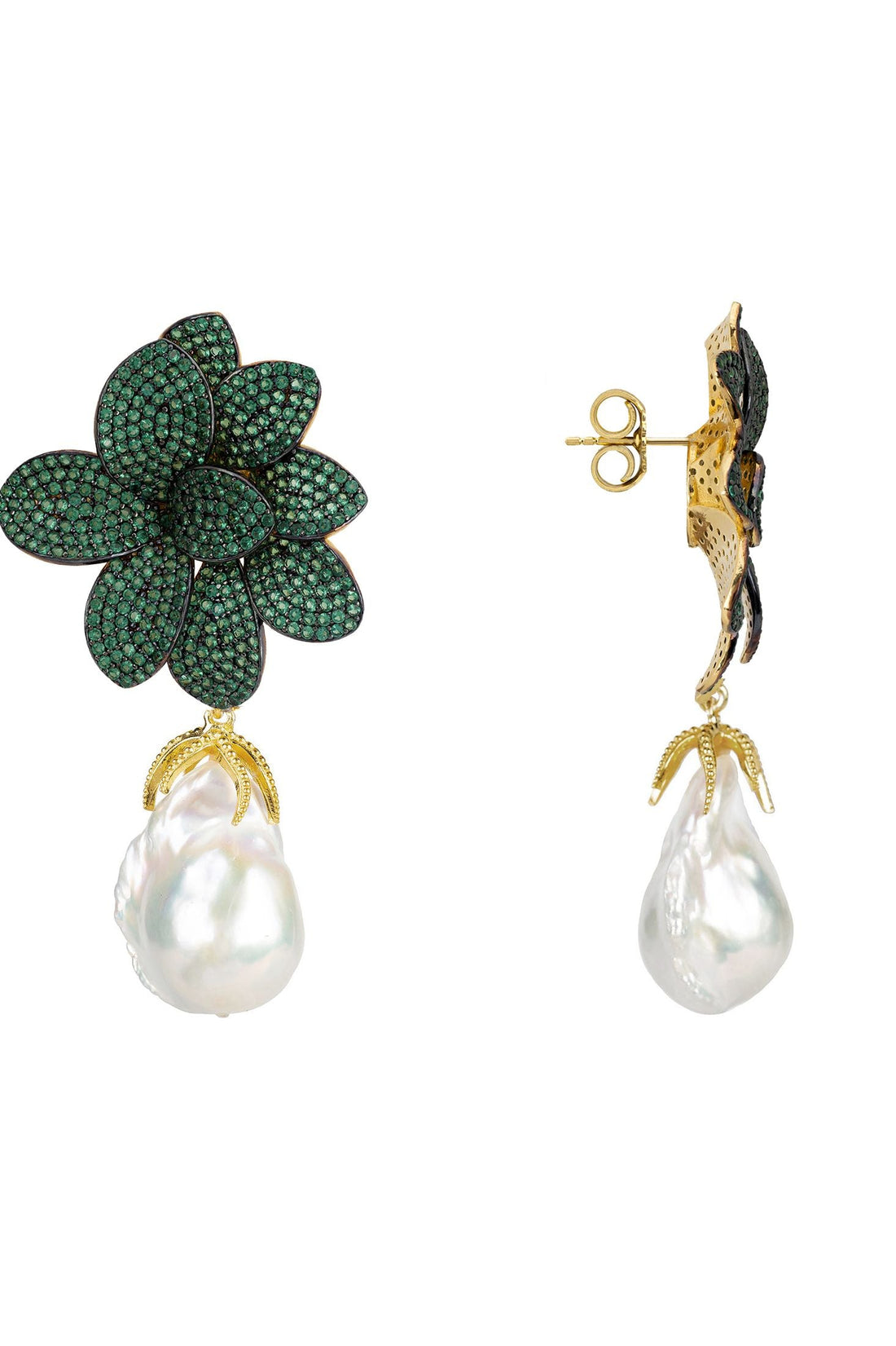 Green flower drop earrings with gold-tone back and baroque pearl dangle