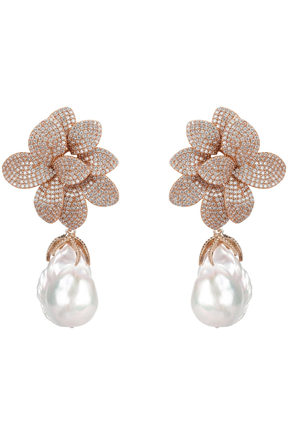 Baroque pearl drop earrings with rosegold pavé floral design