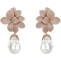 Baroque pearl drop earrings with rosegold pavé floral design