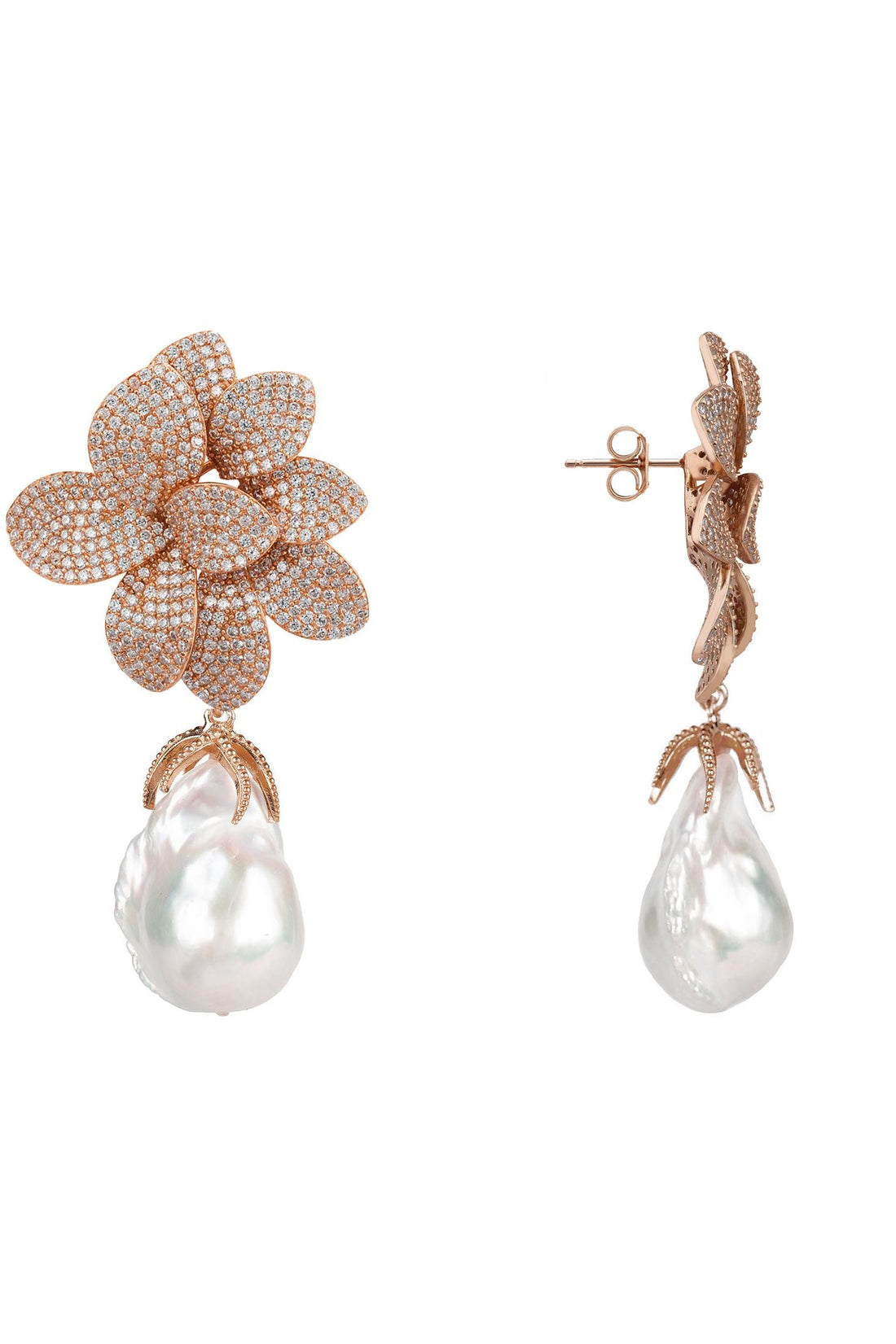 Pair of rose gold flower pearl drop earrings with textured sparkle design