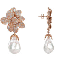 Pair of rose gold flower pearl drop earrings with textured sparkle design