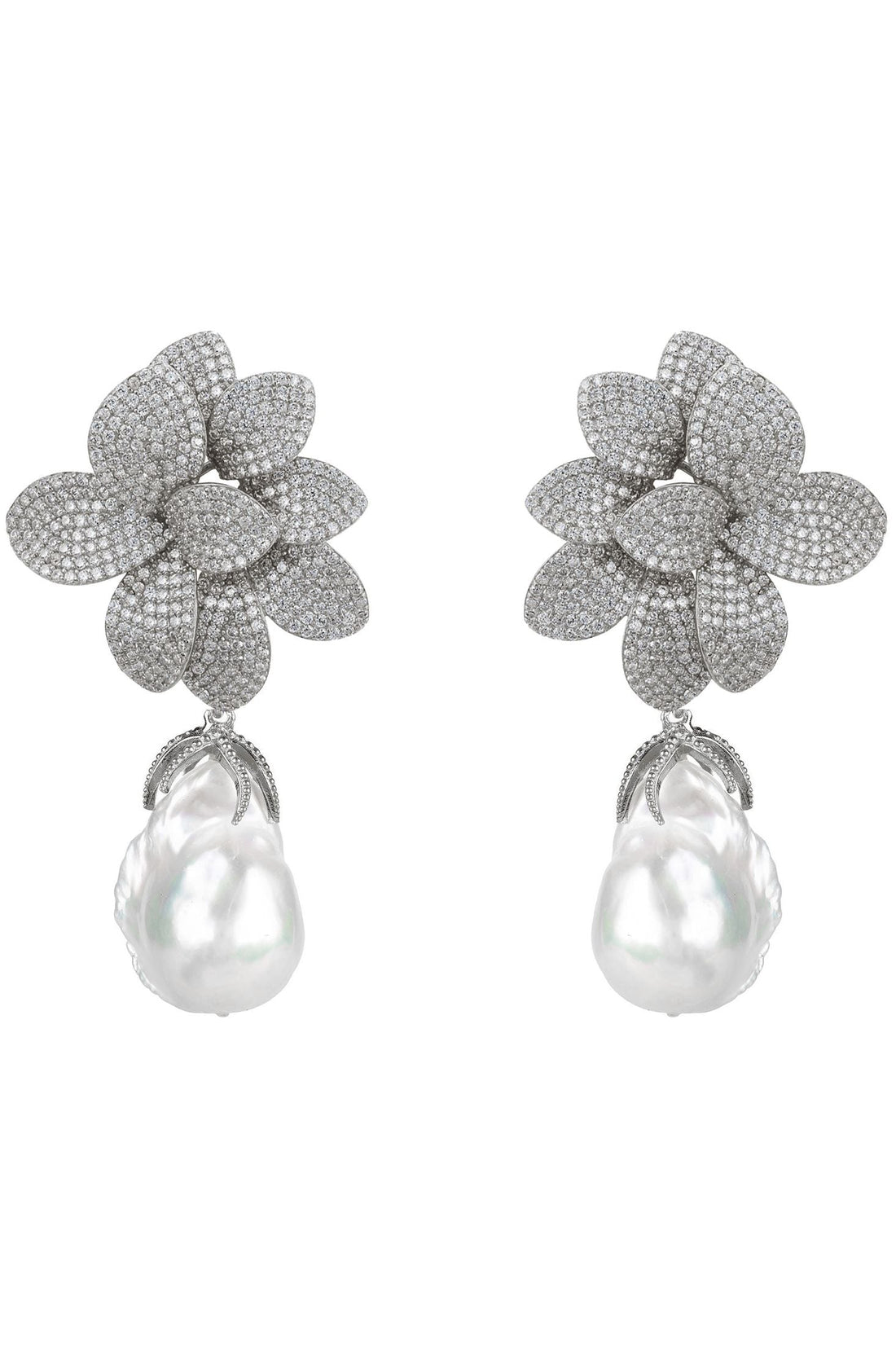 Amaryllis Flower Baroque Pearl Drop Earrings White Silver-0