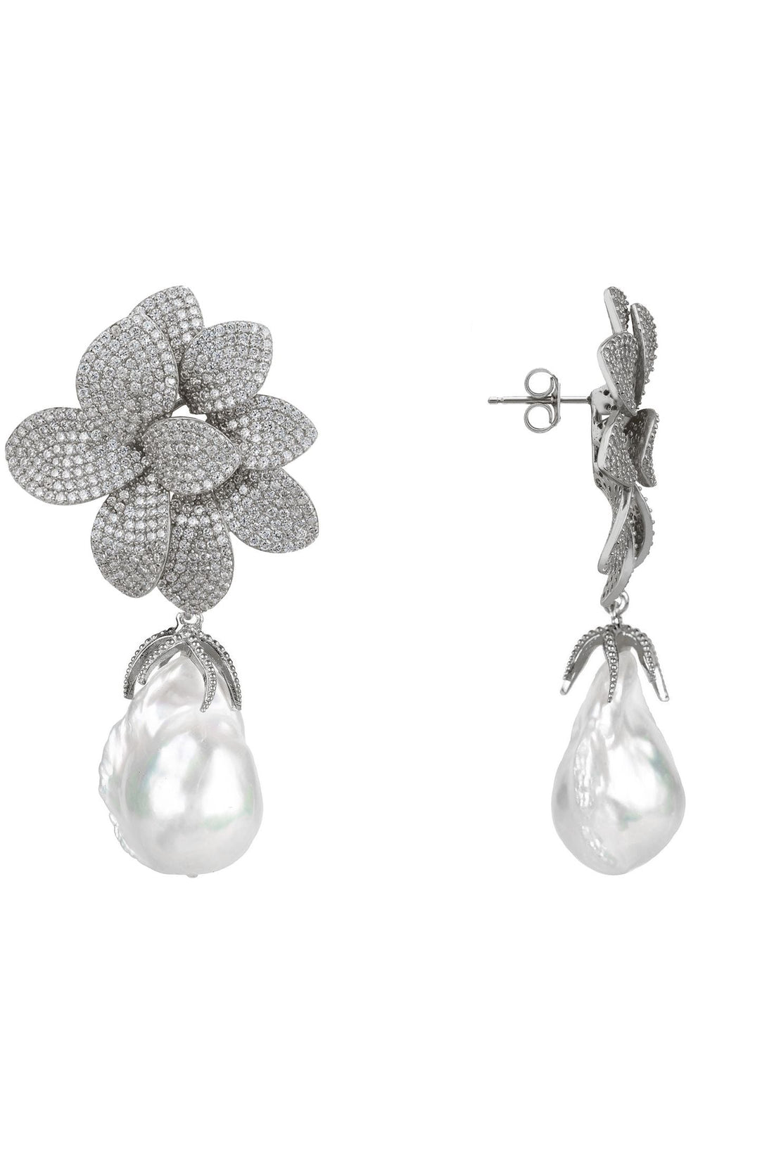 Amaryllis Flower Baroque Pearl Drop Earrings White Silver-3