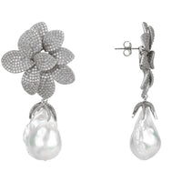 Amaryllis Flower Baroque Pearl Drop Earrings White Silver-3