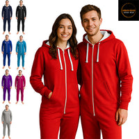 Red unisex hooded onesie with front zip, drawstrings and pockets, modeled by two adults
