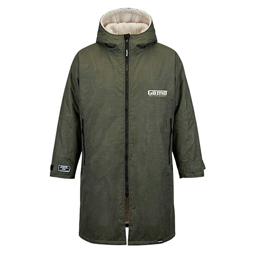 Olive hooded changing robe with front zip, long sleeves and cream fleece at the hood