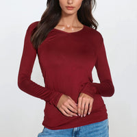 Wine V Neck Long Sleeve Top-0