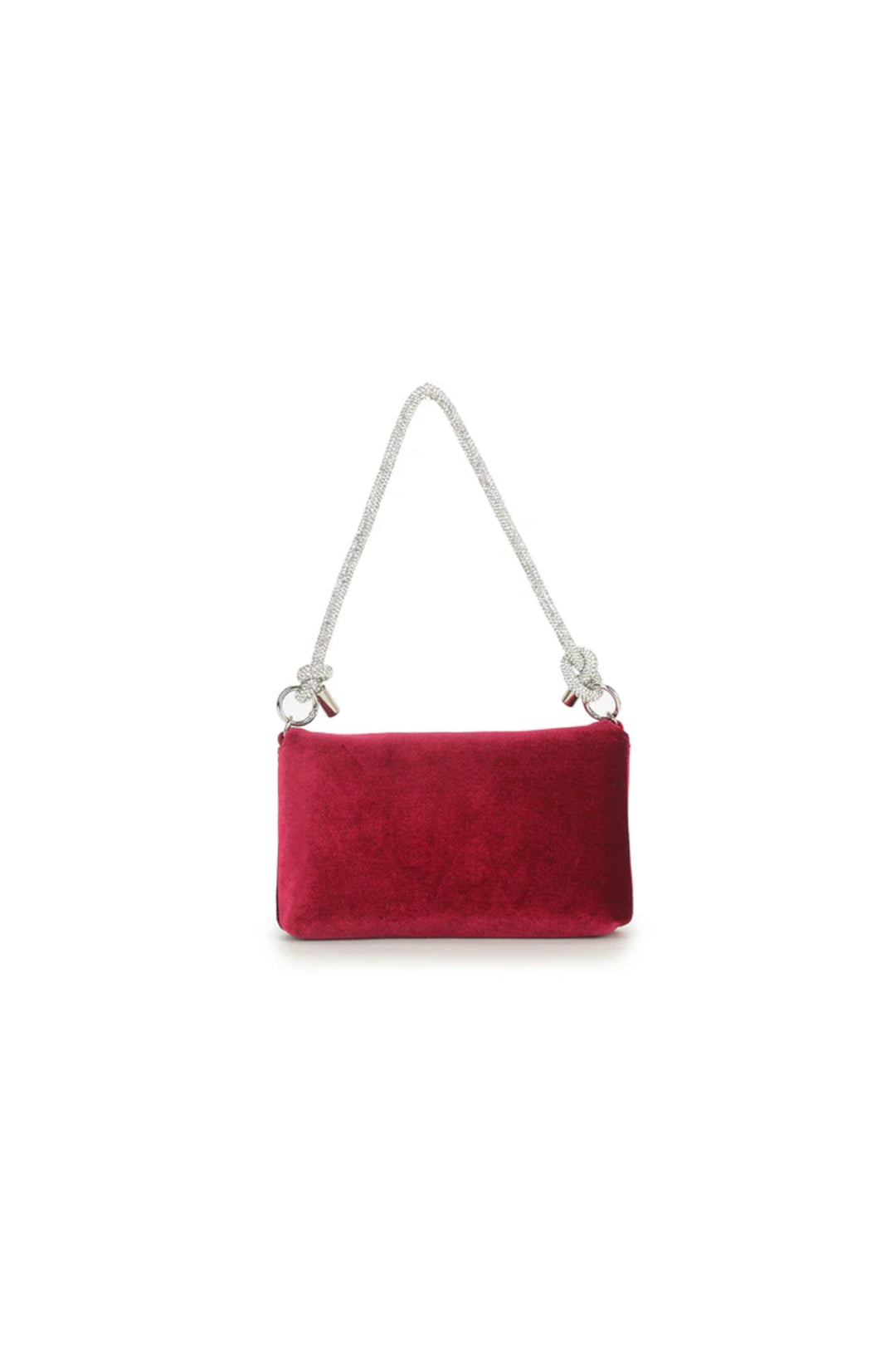 Cherry red velvet evening bag with silver chain shoulder straps, front clasp detail