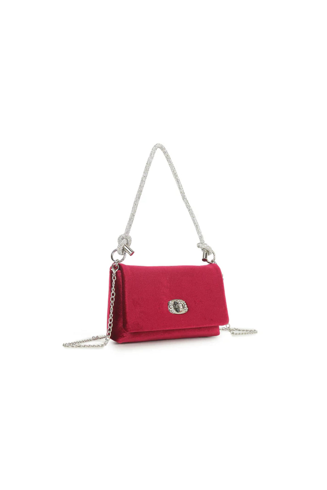 Cherry red velvet evening bag with silver chain shoulder strap and small front clasp