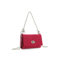 Cherry red velvet evening bag with silver chain shoulder strap and small front clasp