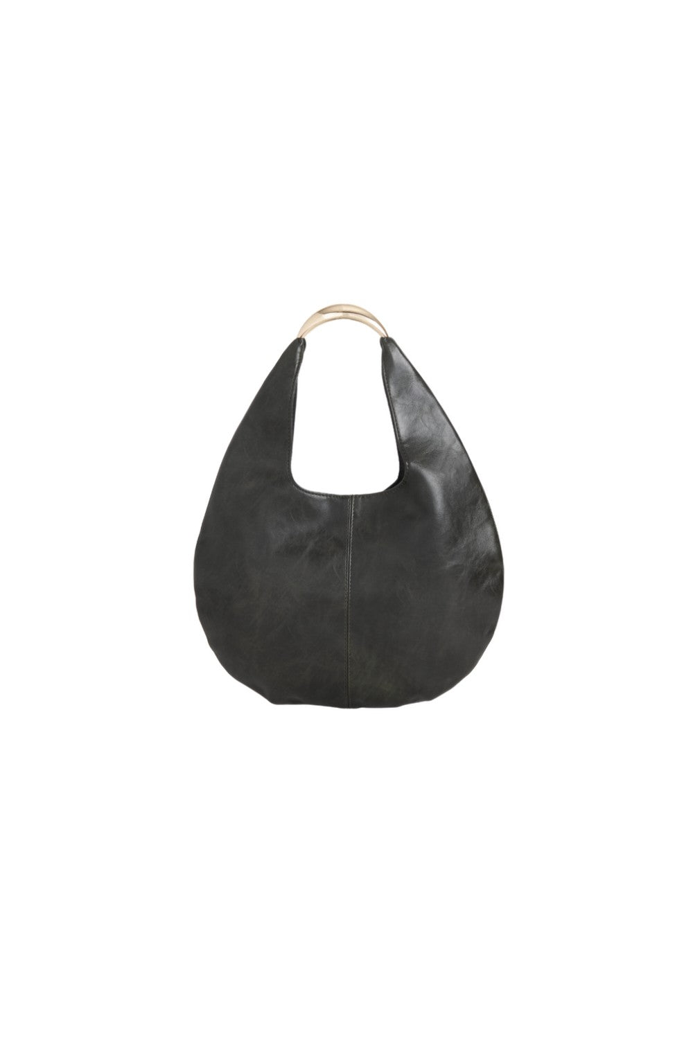 Black faux leather oval shoulder bag, teardrop shape, arched metal handle
