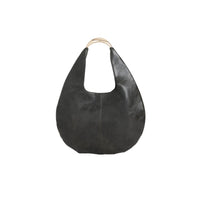 Black faux leather oval shoulder bag, teardrop shape, arched metal handle