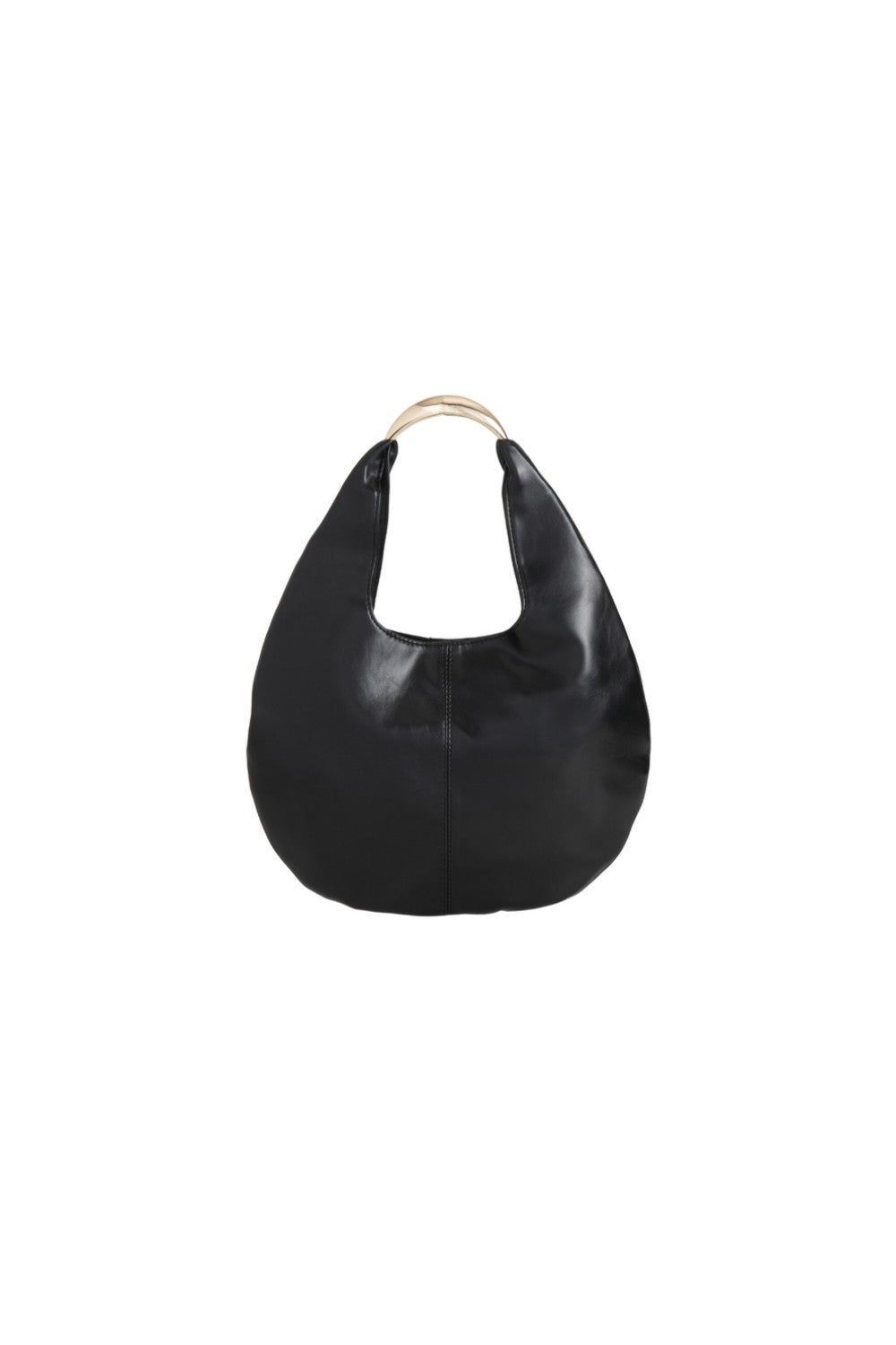 Black faux leather oval shoulder bag with curved handle and open top