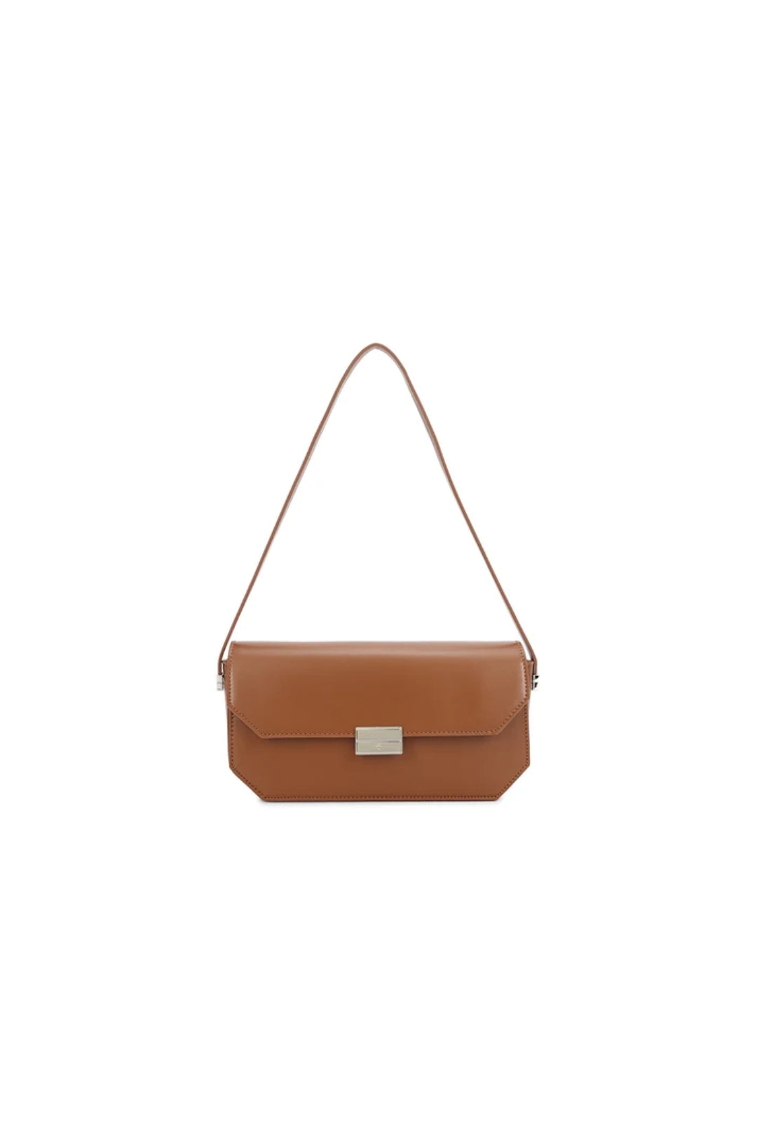 Coffee brown faux leather shoulder bag with flap and thin shoulder strap
